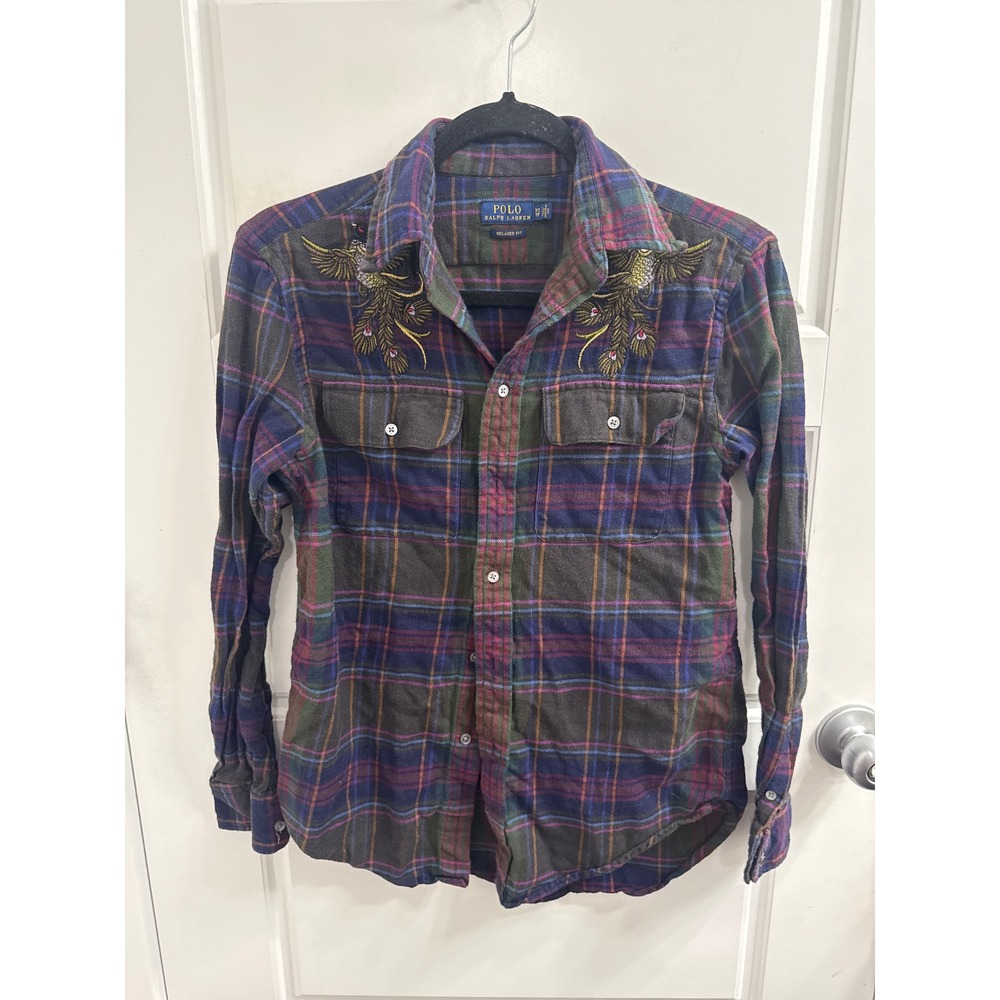 Polo Ralph Lauren Relaxed Fit Plaid Flannel Shirt Peacock Embroidery XS Multi